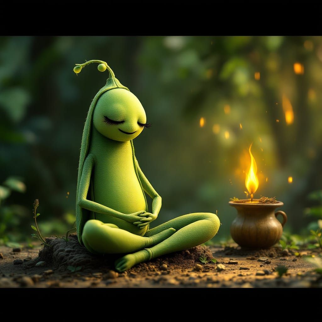 Happy anthropomorphic peas meditating saying "OM".