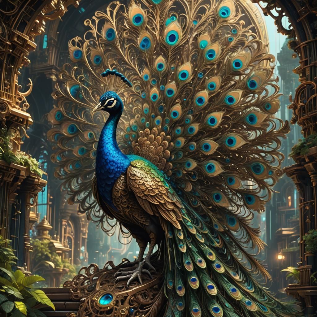Cyberpunk Fractal Peacock: Detailed Digital Art