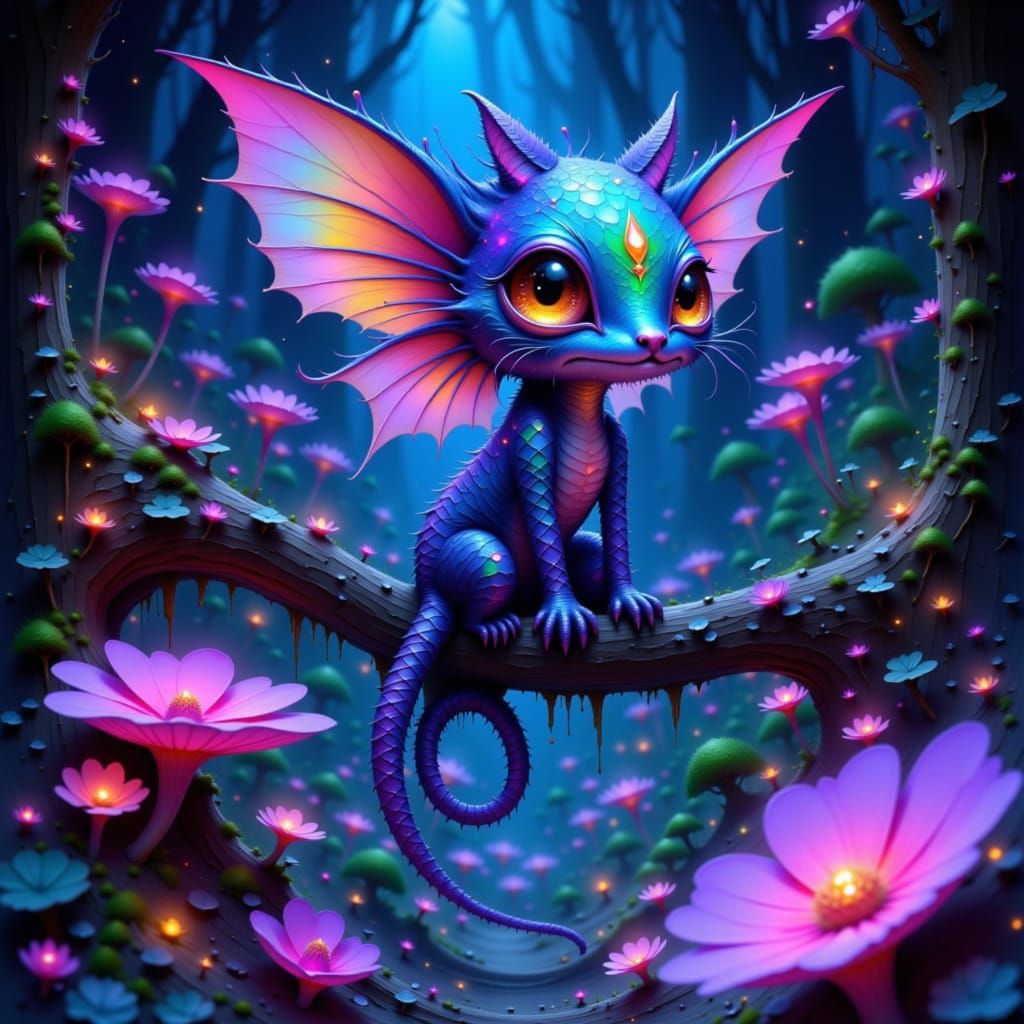 Bioluminescent Creature with Holographic Scales in Alien For...