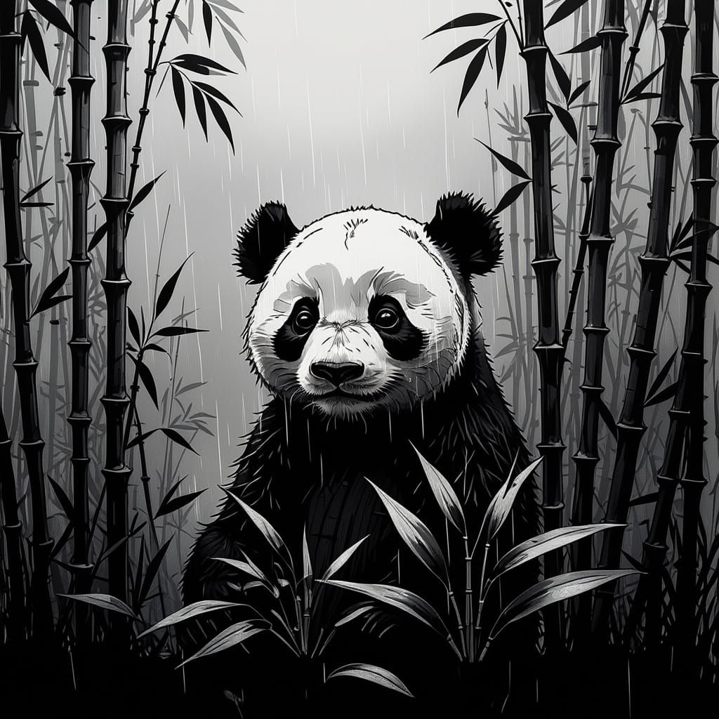 Sad Panda Peeking Through Bamboo in Naive Minimalist Style