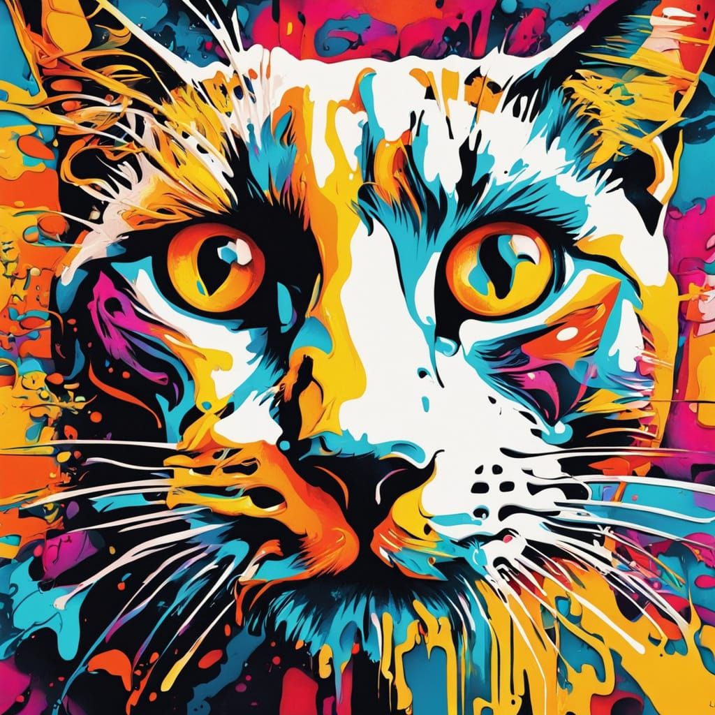 Vibrant Street Art Cat Portrait with Melting Oil Gouache Tex...
