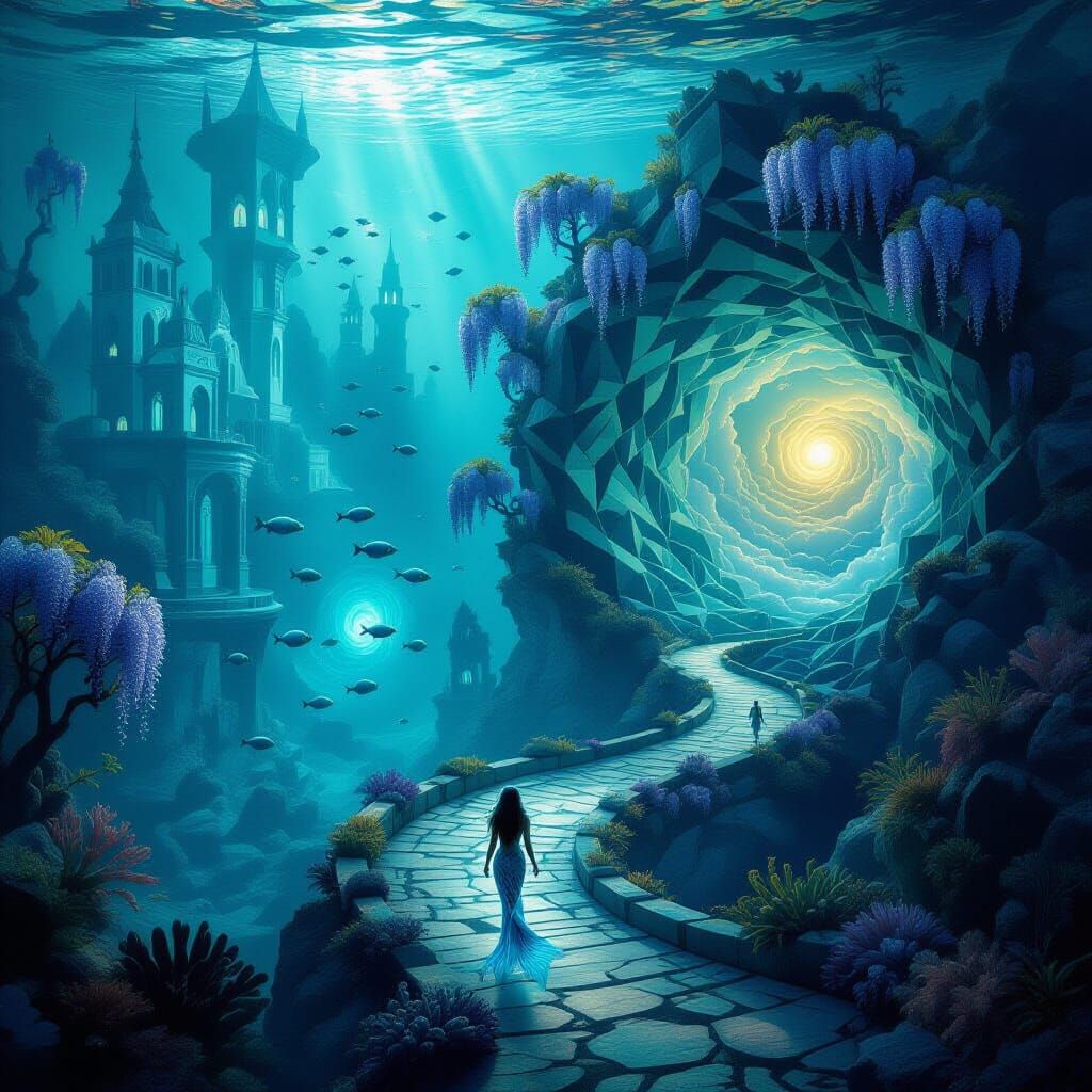 Surreal Underwater Dreamscape Portal with Bioluminescent Fis...