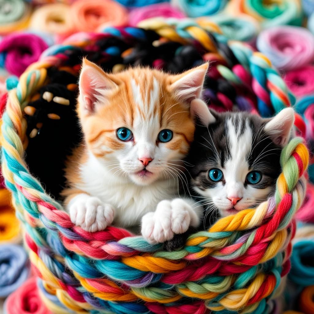 Kittens Play in Yarn Bin of Many Colors