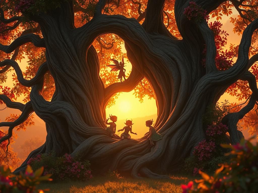 Elves Playing in Ancient Tree at Sunset