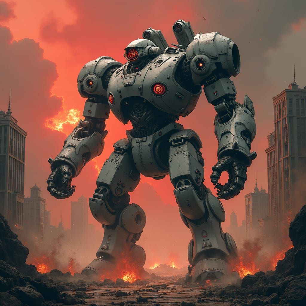 Cyberpunk Metallic Mecha Unleashes Havoc on a Smoldering Cit...