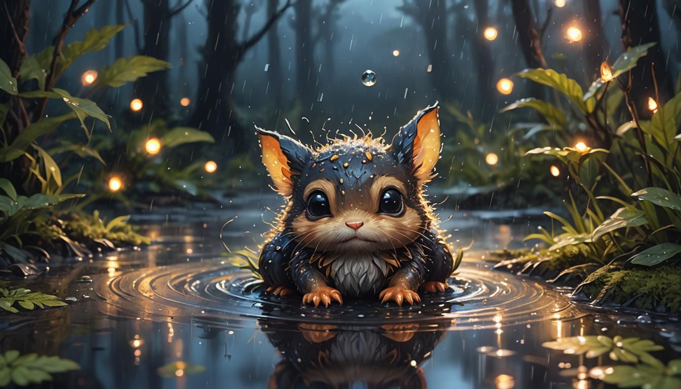 Cute Creature in Rainy Forest, Oil Painting