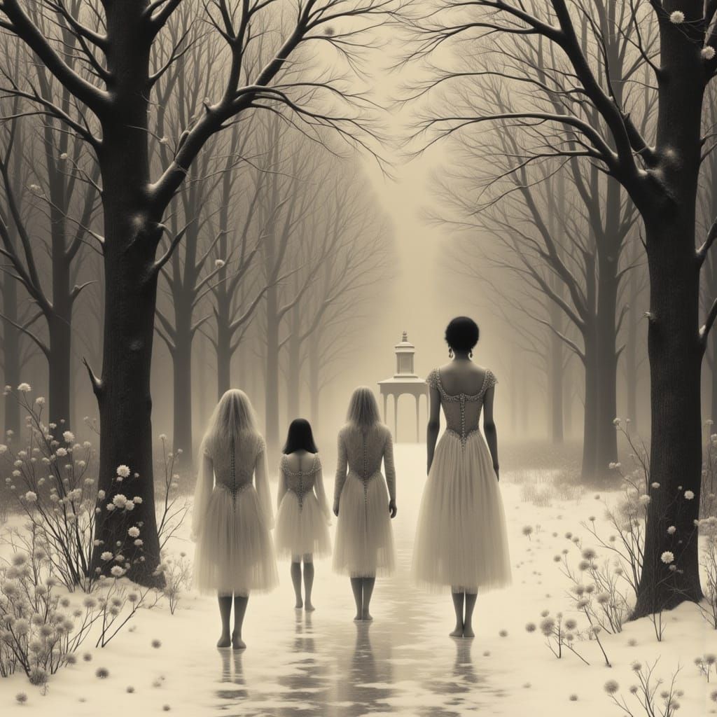 Victorian Women in Ethereal Sepia Park