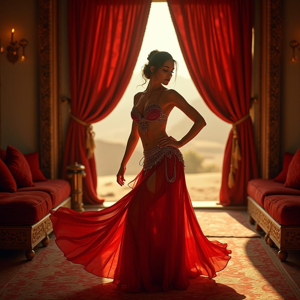 Seductive Belly Dancer in a Lavish Arab Tent Setting
