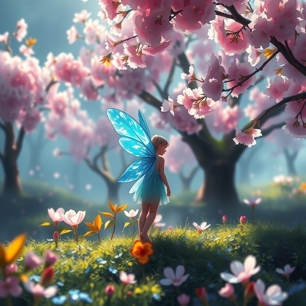 Fairy in Cherry Blossom Forest: Oil and Digital Painting