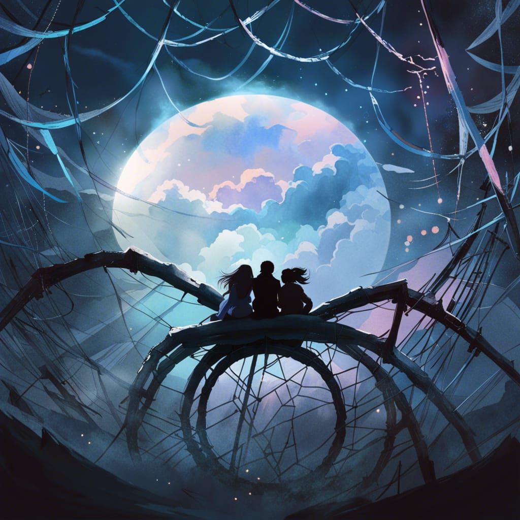 Children Climb Dreamcatcher in Moonlit Night