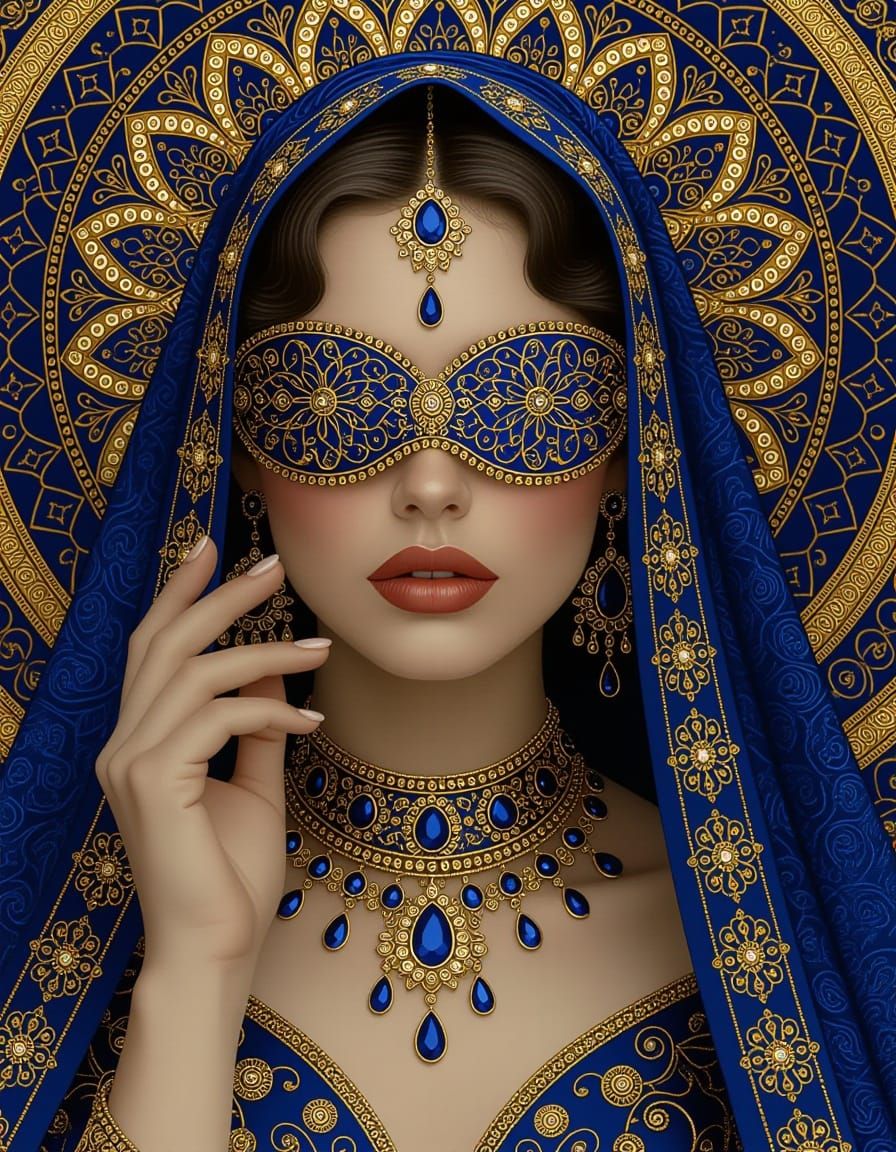 Regal Woman With Obscured Eyes in Opulent Oil Painting