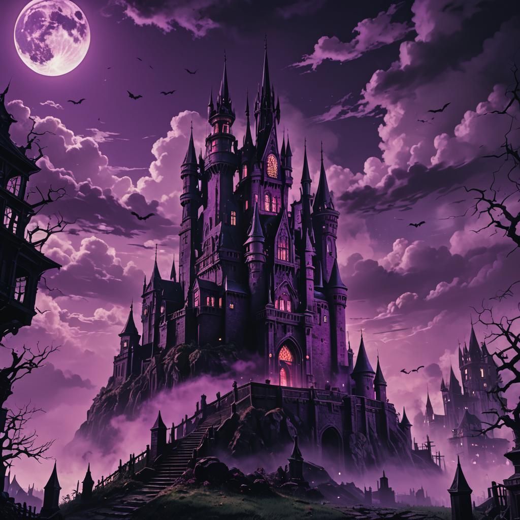 Cyberpunk Castle with Bats, Wolves, and Neon Graves