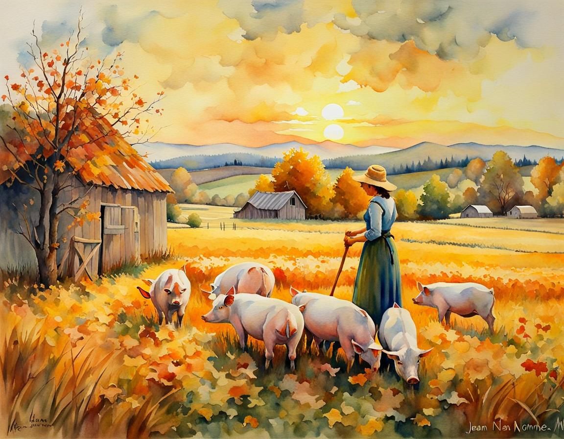 Whimsical Farmgirl Feeding Pigs in Watercolor Autumn Landsca...