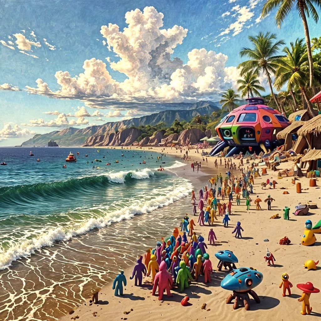 Colorful Claymation Figures Party on the Beach