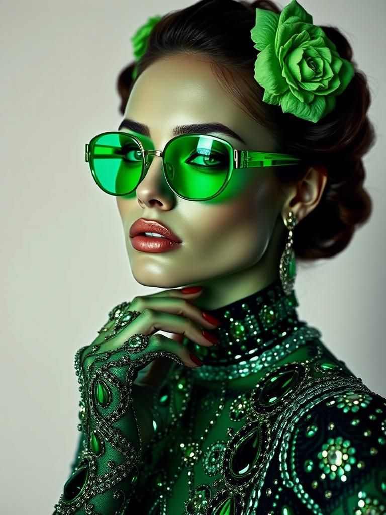 Glamorous Figure in Green Glass Dress