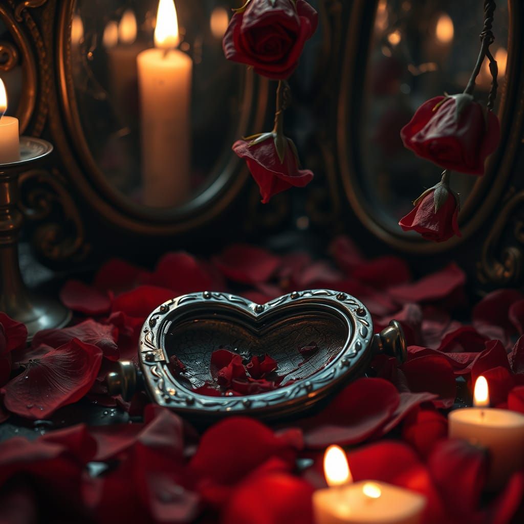 Shattered Heart Locket with Crimson Petals and Flickering Ca...