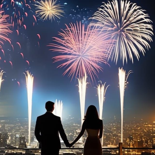 Silhouetted Couple Watching Vivid Fireworks Display