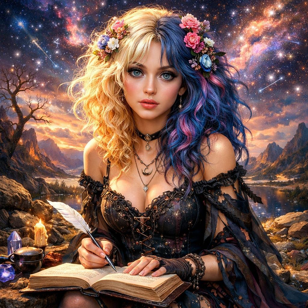 Surreal Woman in Bohemian Punk Dress Amidst Cosmic Landscape