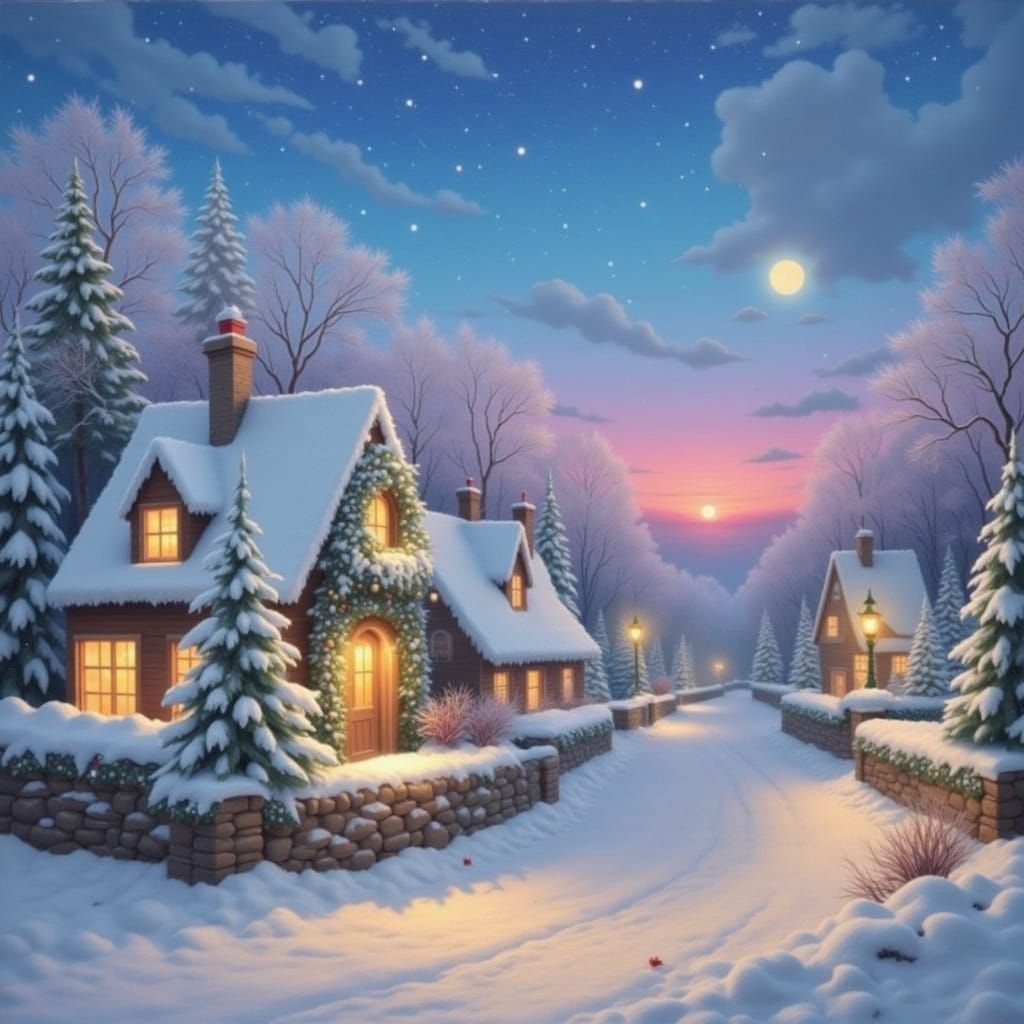 Magical Painterly Christmas Scene with Vibrant Colors and Wh...