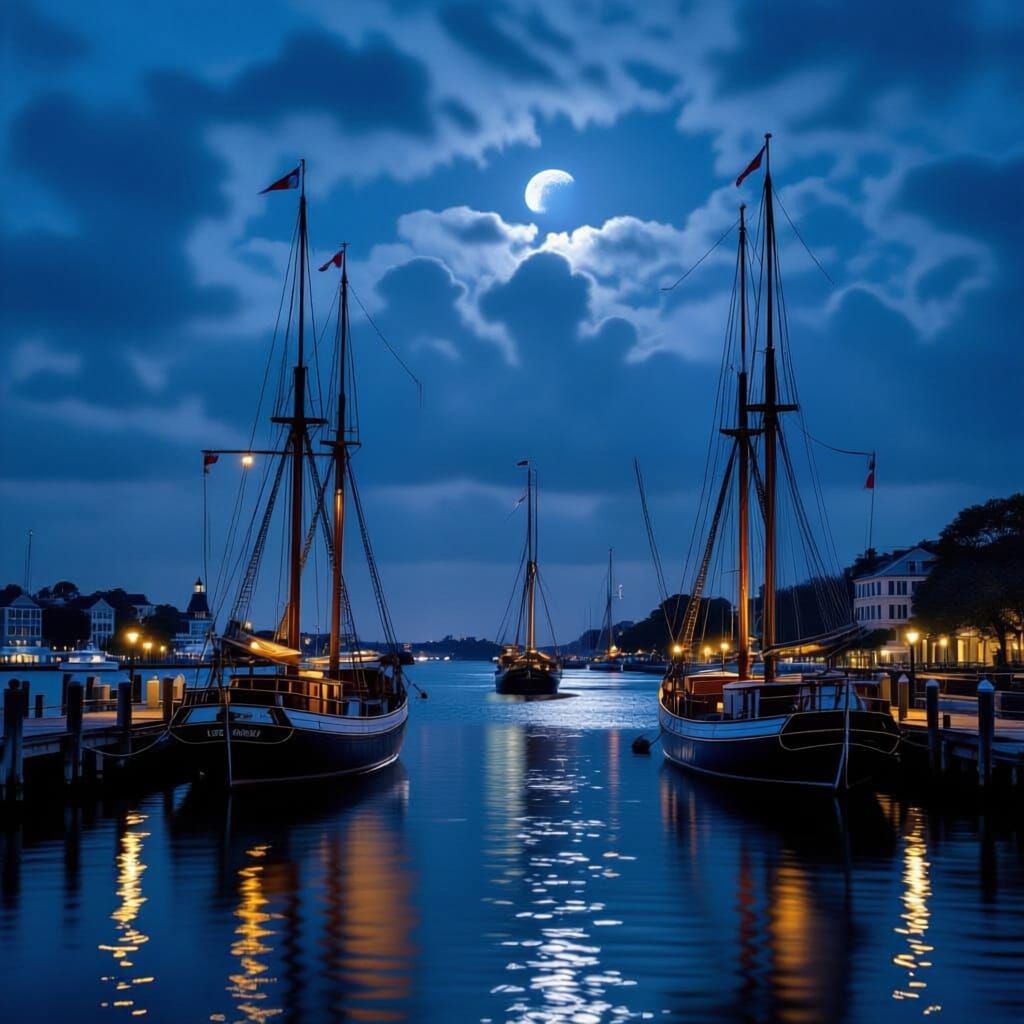 19th Century Charleston Harbor at Night with Furled Ships