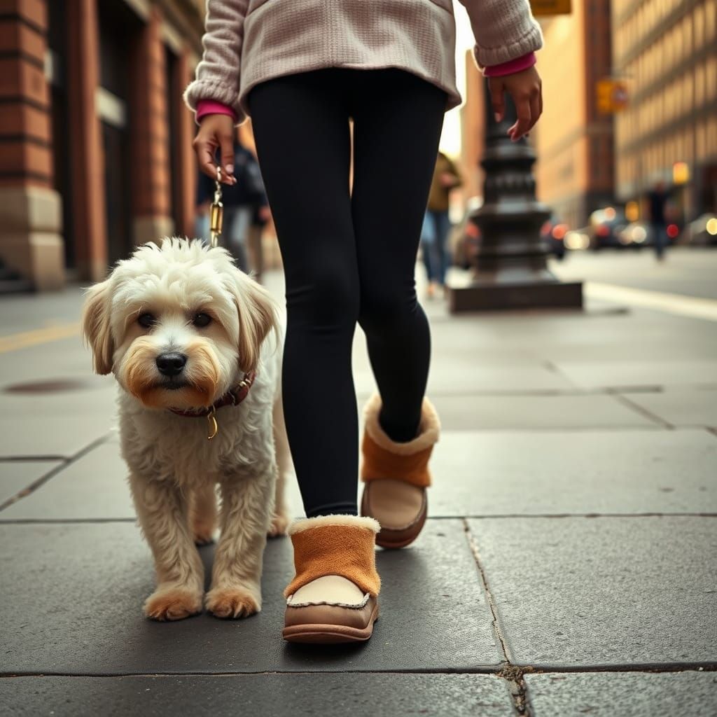 Young Girl Walks Fluffy Sheep Dog in Warm Lighting