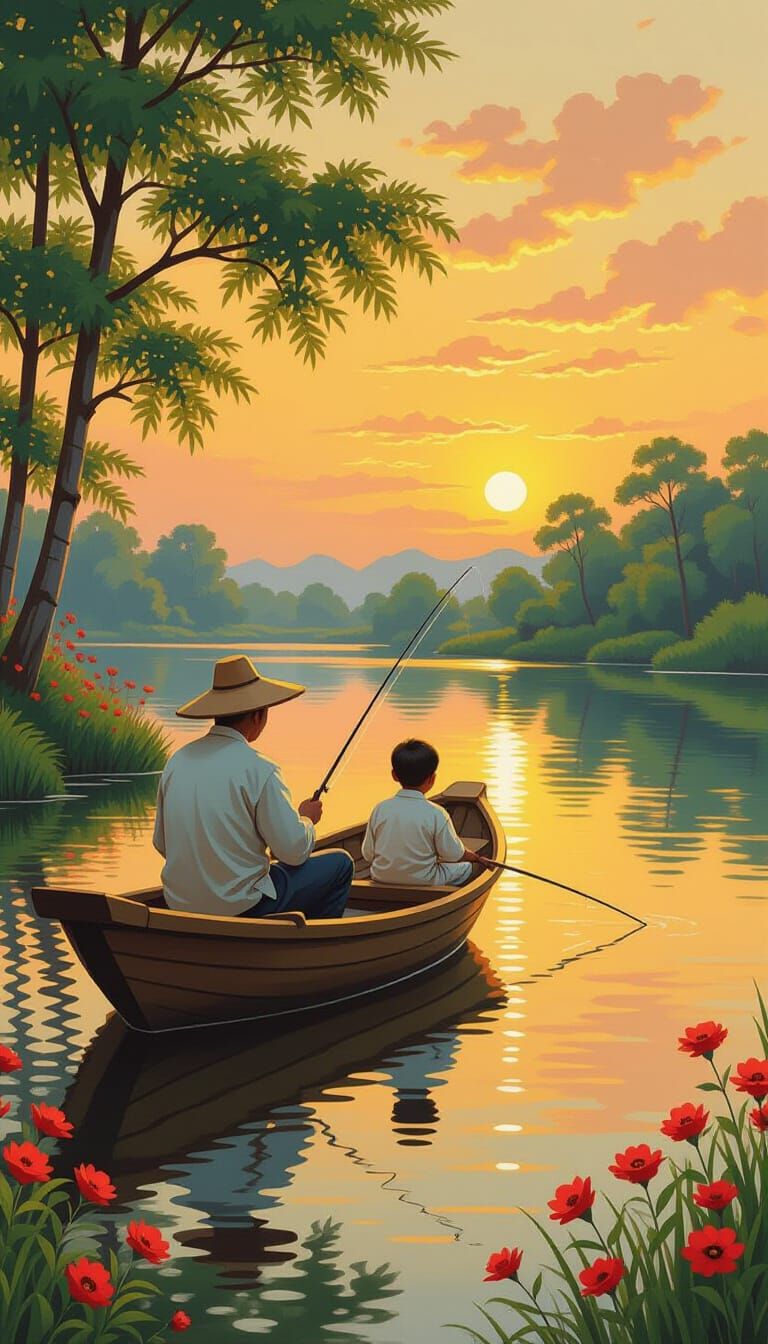 Father and Son Fishing at Sunset: Impressionistic Folk Art