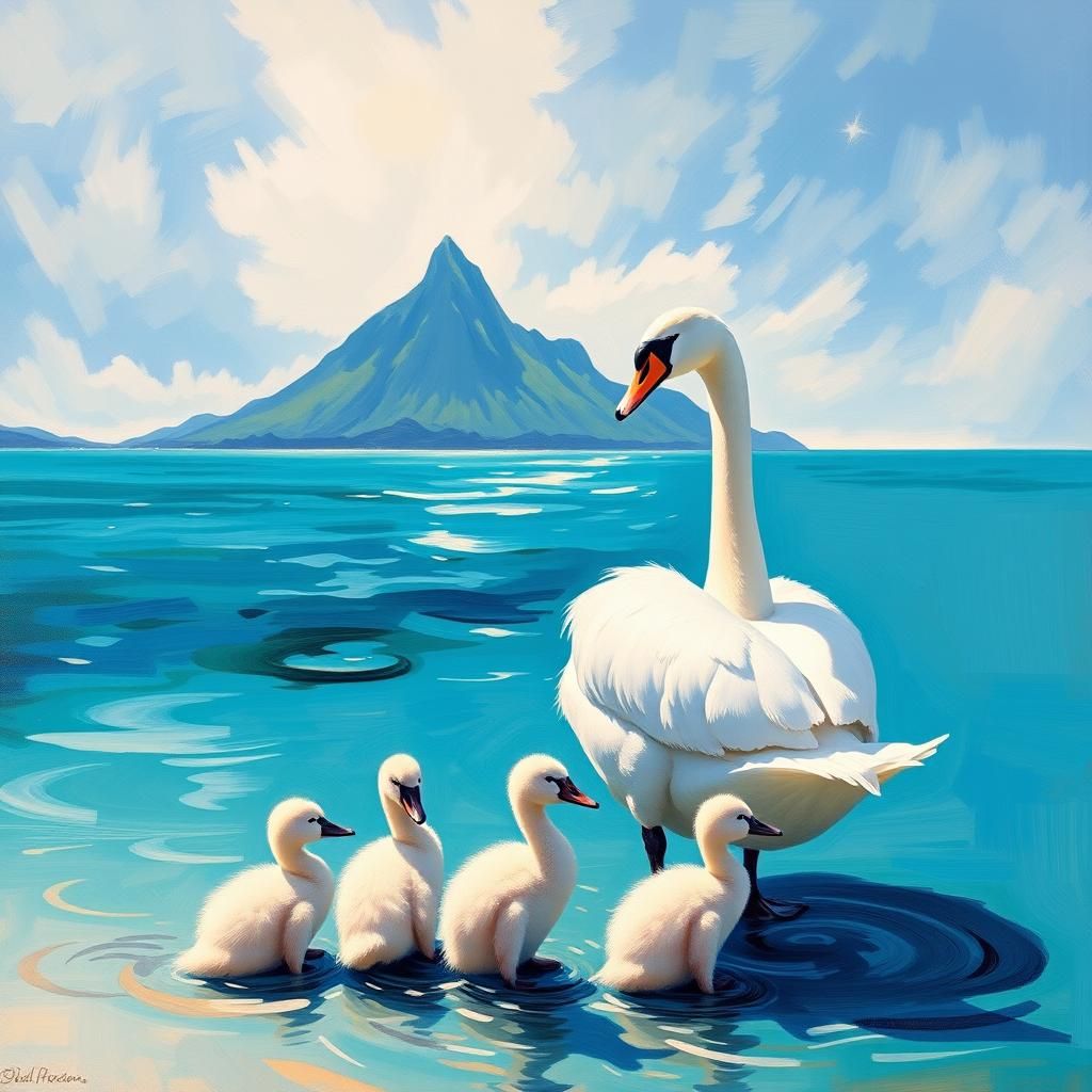 Swan Family at Bora Bora in Expressionist Style