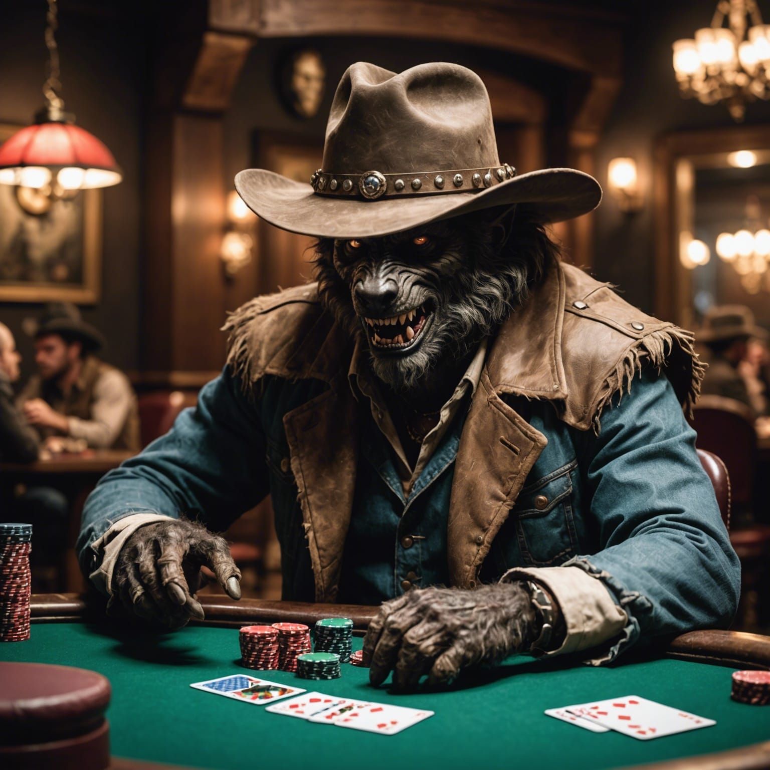 A werewolf in a cowboy hat playing poker