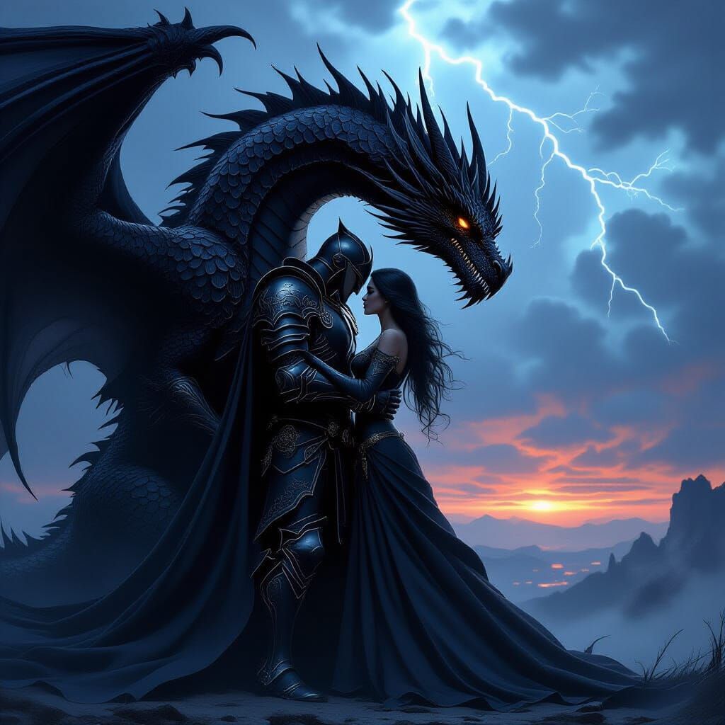 Black Knight Embraces Dragon in Stormy Twilight