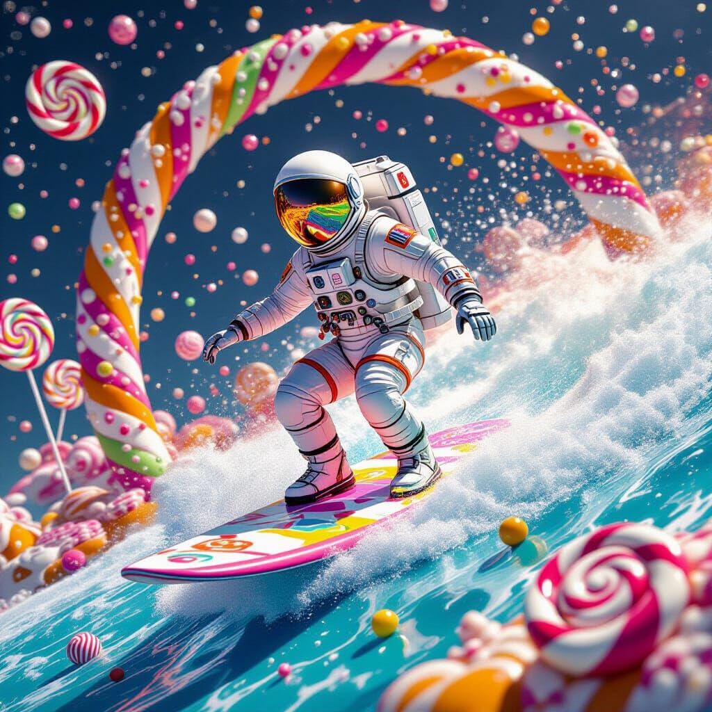 Astronaut Surfs Candy Wave in Hyperrealistic Sci-Fi Scene