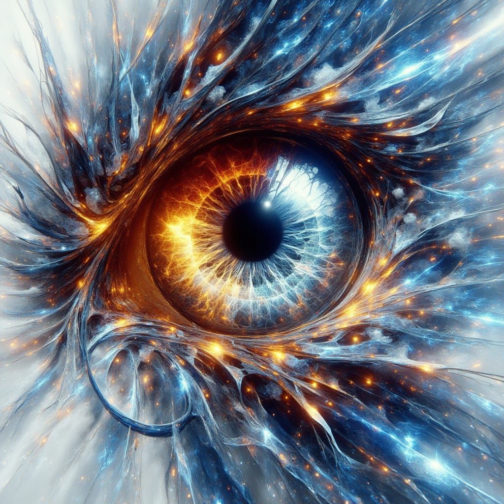 Watercolor Owl Eye: Cosmic Dance of Blue, Silver, and Gold