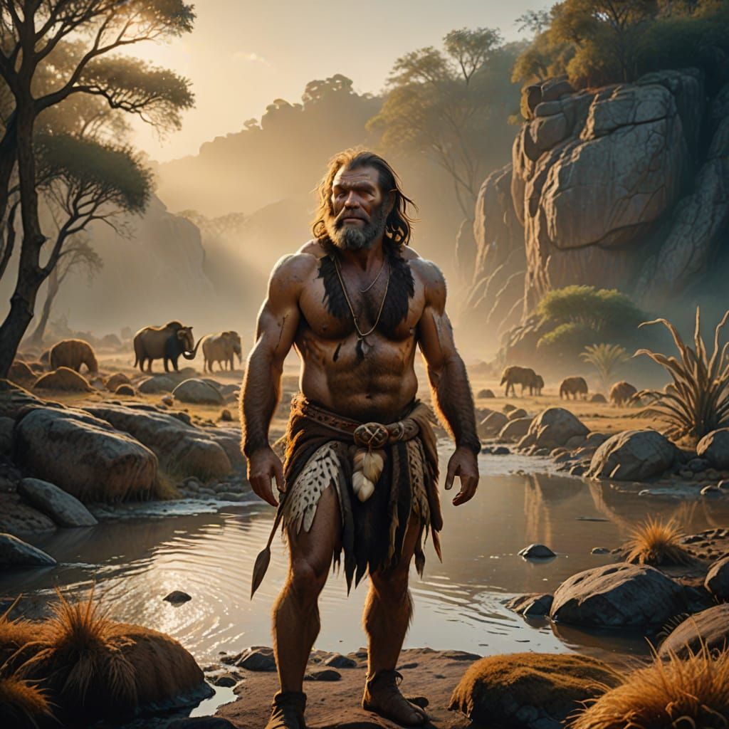 Caveman at Watering Hole in Golden Morning Light