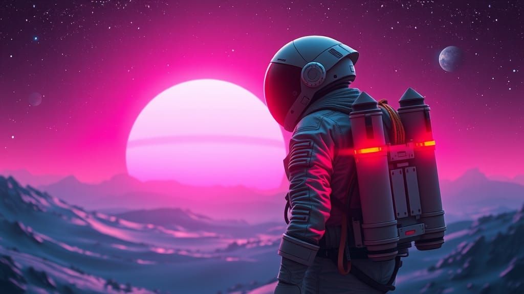 Futuristic Astronaut in Galactic Dawn with Rocketpack