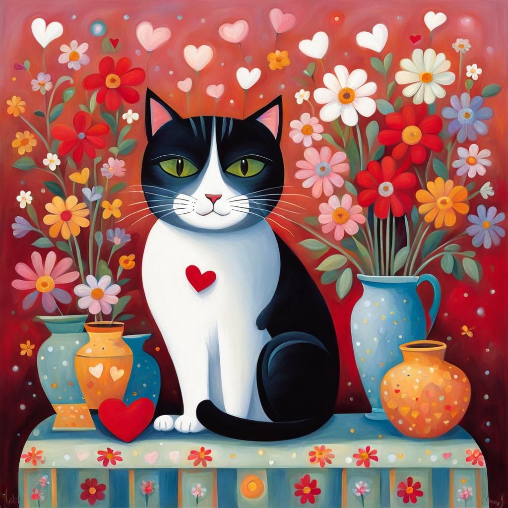 Cute Cat Surrounded by Flowers in Whimsical Style
