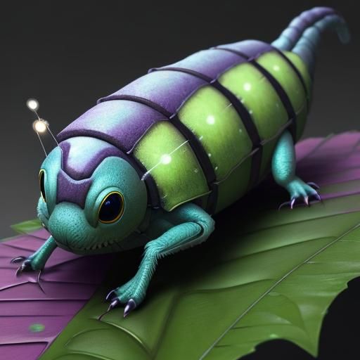 Furry Alien Caterpillar on Glowing Leaf: Digital Art