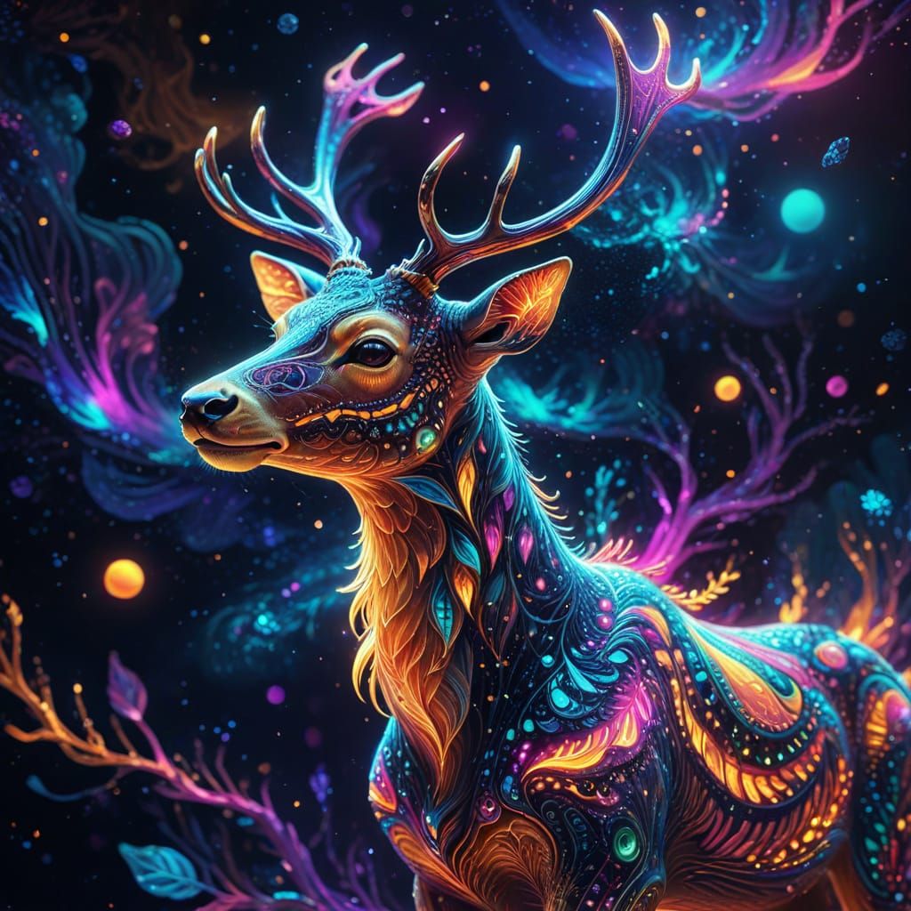 Mystical Deer Runs in Space: Cosmic Digital Art
