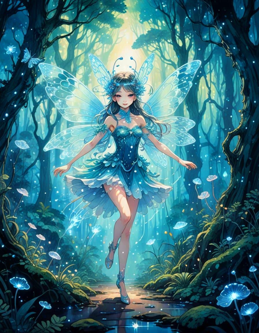 Fairy in Bioluminescent Forest: Anime Watercolor Painting