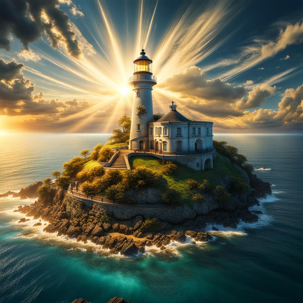 Dendritic Spiral Lighthouse on Island in HDR