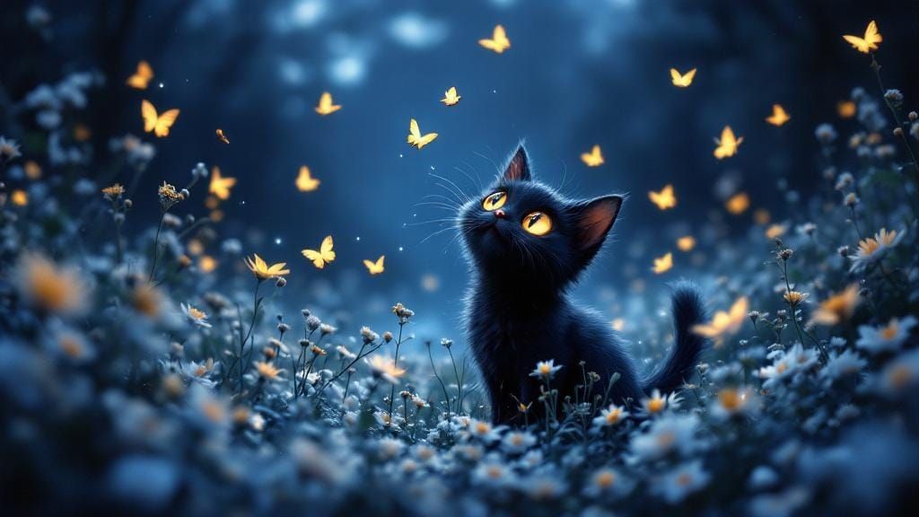 Black Vampire Cat Chasing Butterflies in Moonlight