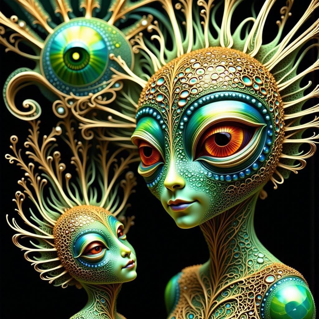 Alien Father and Child Portrait in Surreal Mosaic Style
