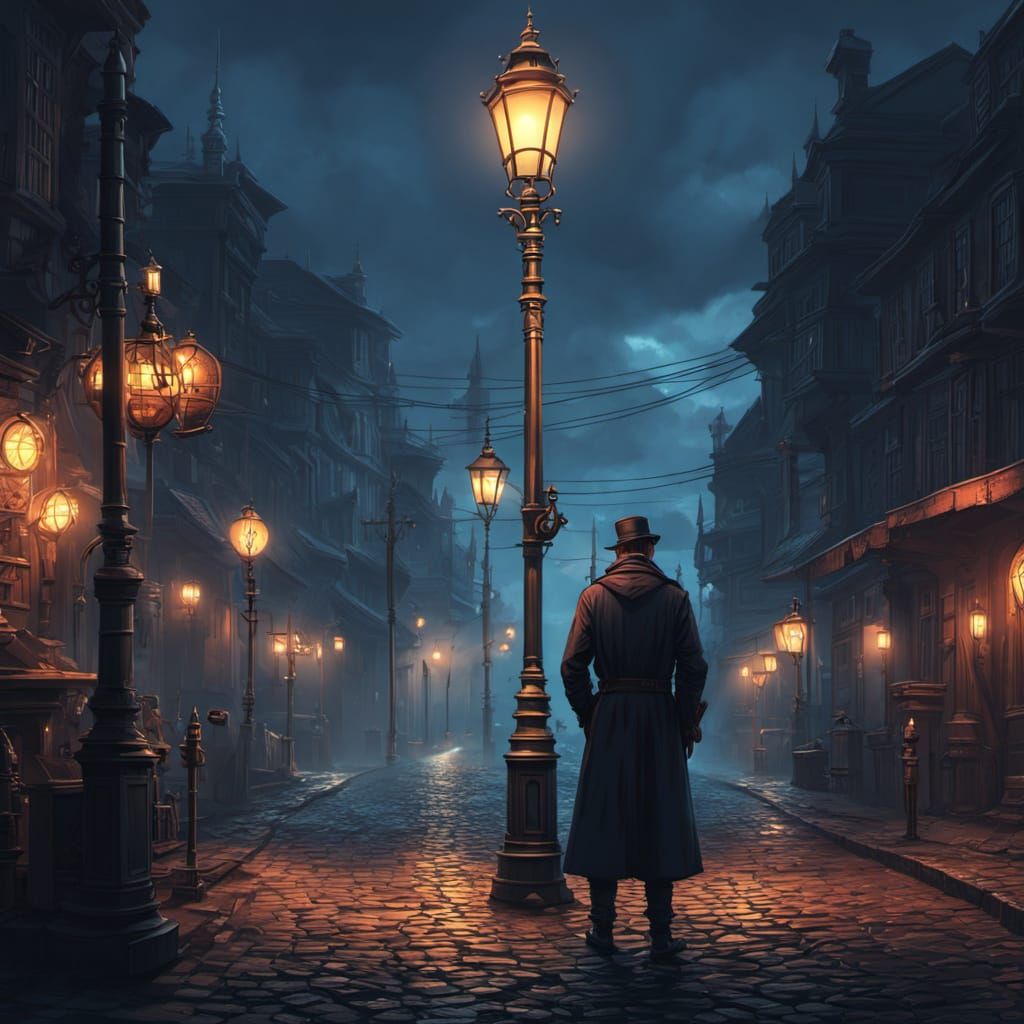 Man in Dark Coat Stands Beside Steam-Powered Lamp Post in Go...