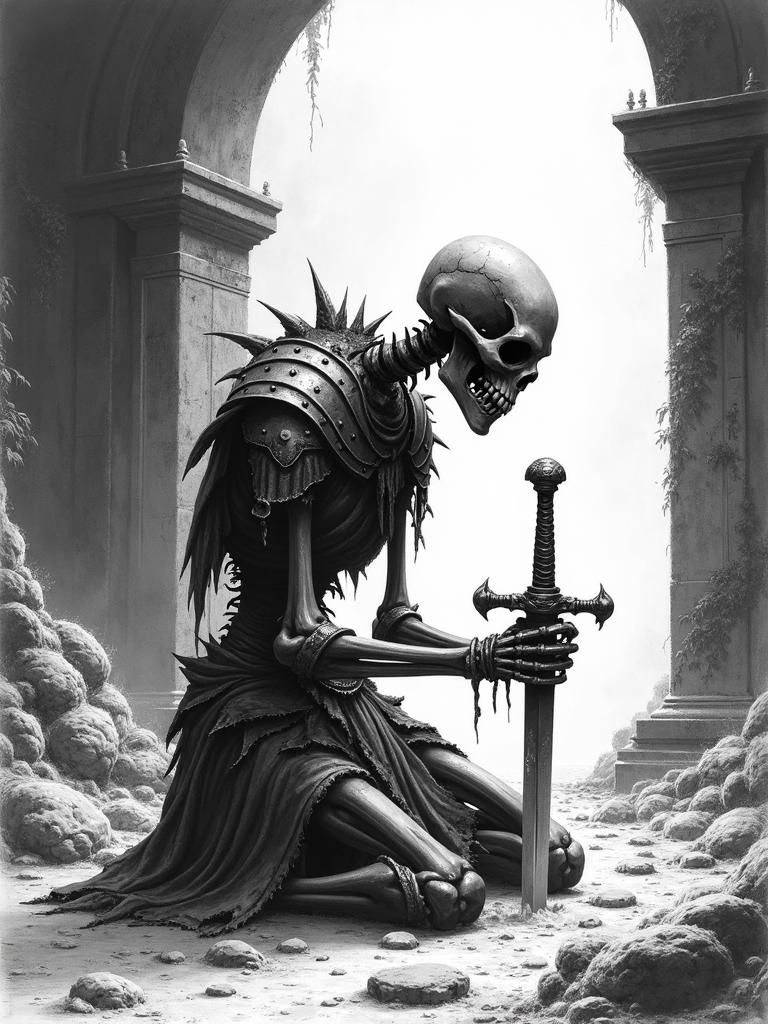 Skeleton Warrior Kneeling in Ruined Temple, Pencil Sketch