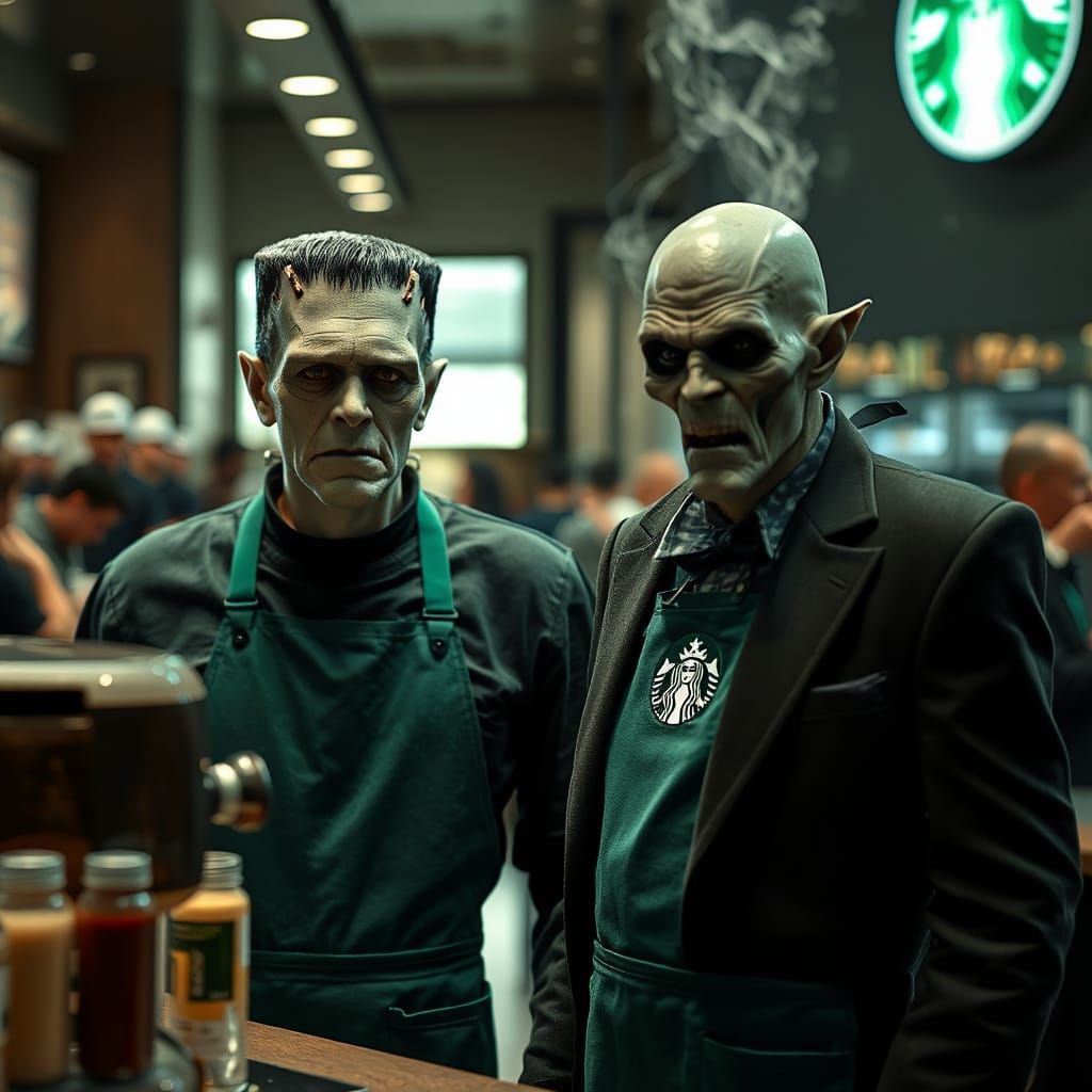 Frankenstein and Orlok as Starbucks Baristas