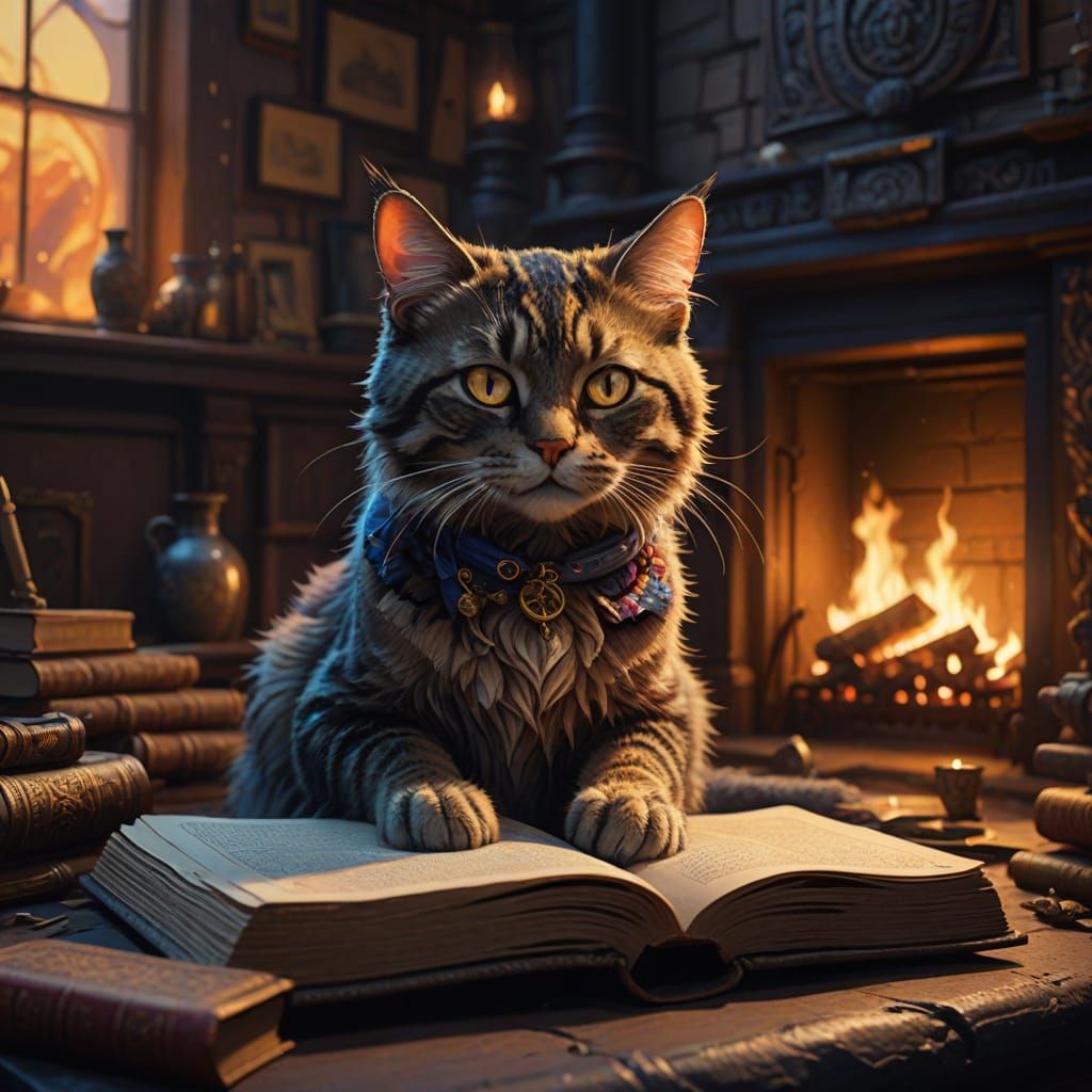 Majestic Feline Scholar Beside Cozy Fireplace