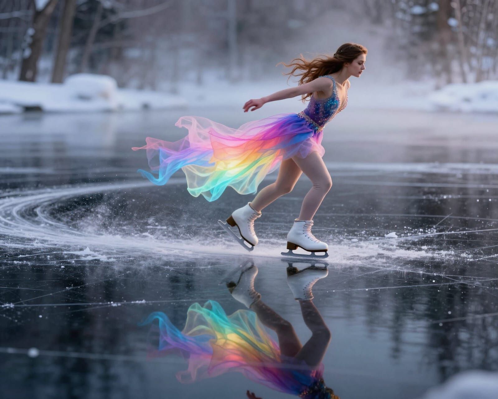 Woman Ice Skating on Reflective Pond with Glowing Trails
