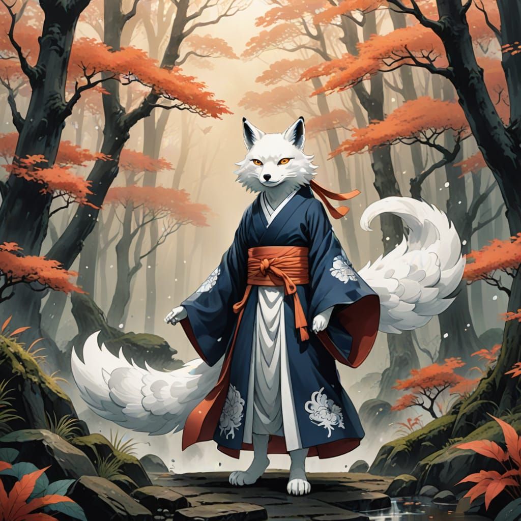 A kitsune, attempted to generate a Tamamo-no-Mae picture, but she was busy and sent her two-tailed underling instead))