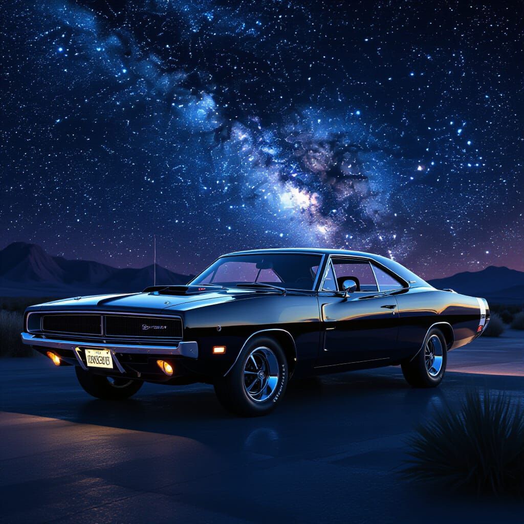 Gleaming Black 1969 Dodge Charger Under Starry Desert Sky