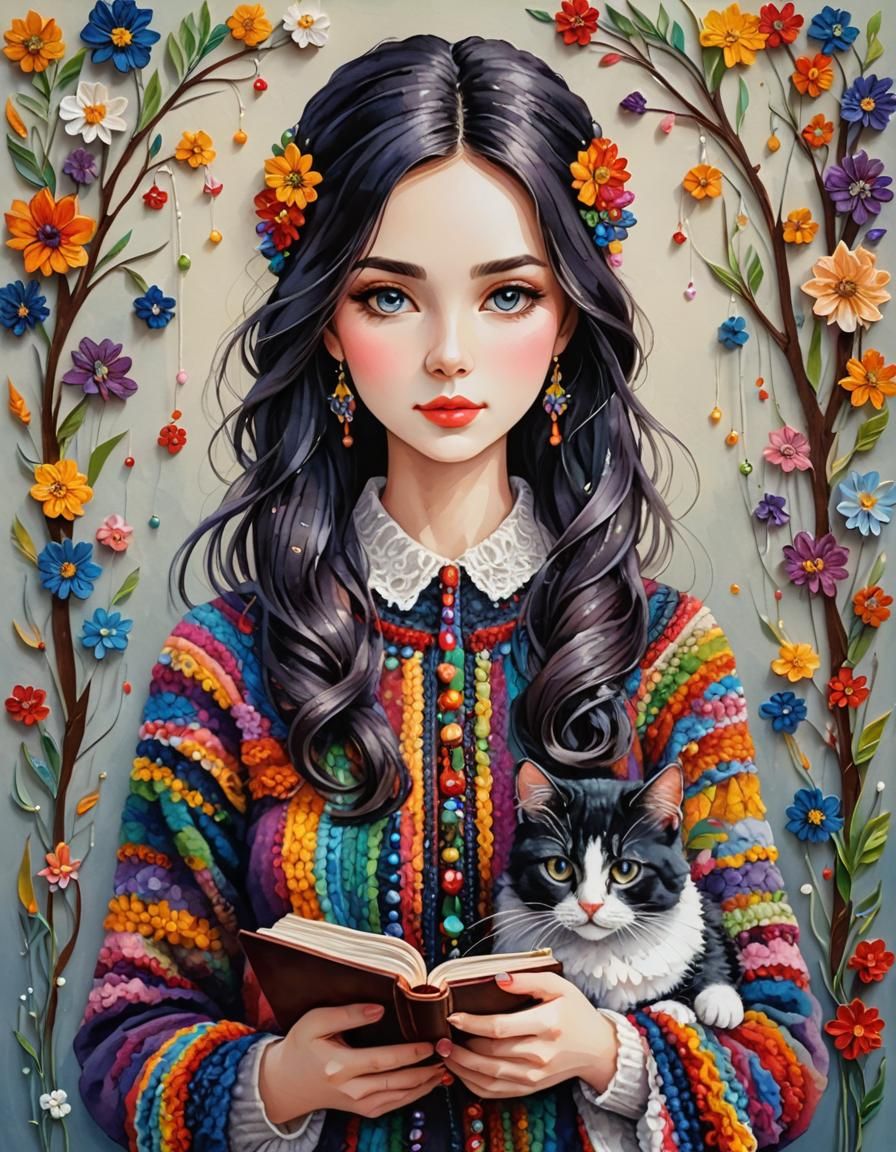 Charming Woollen Art: Girl with Cat and Book