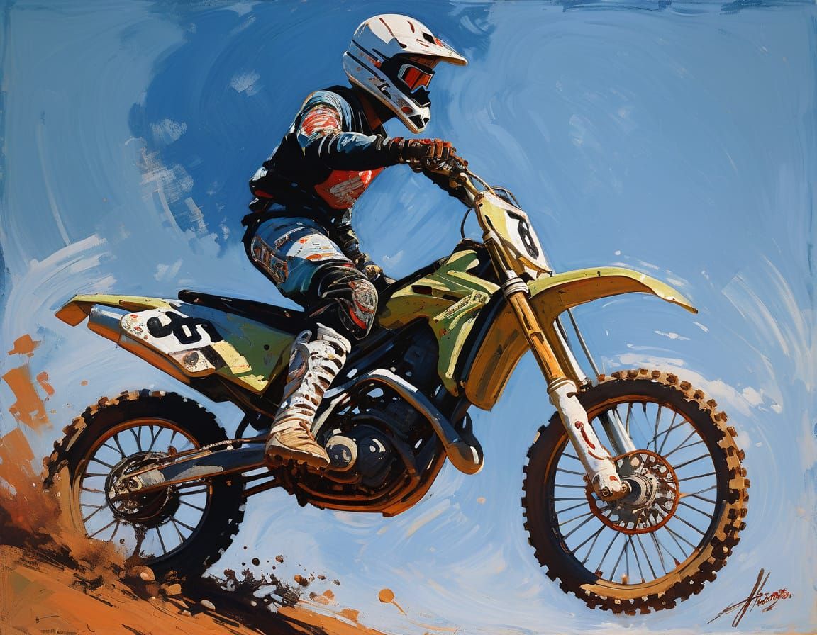 Motocross Biker Racing in Dynamic Oil Painting Style