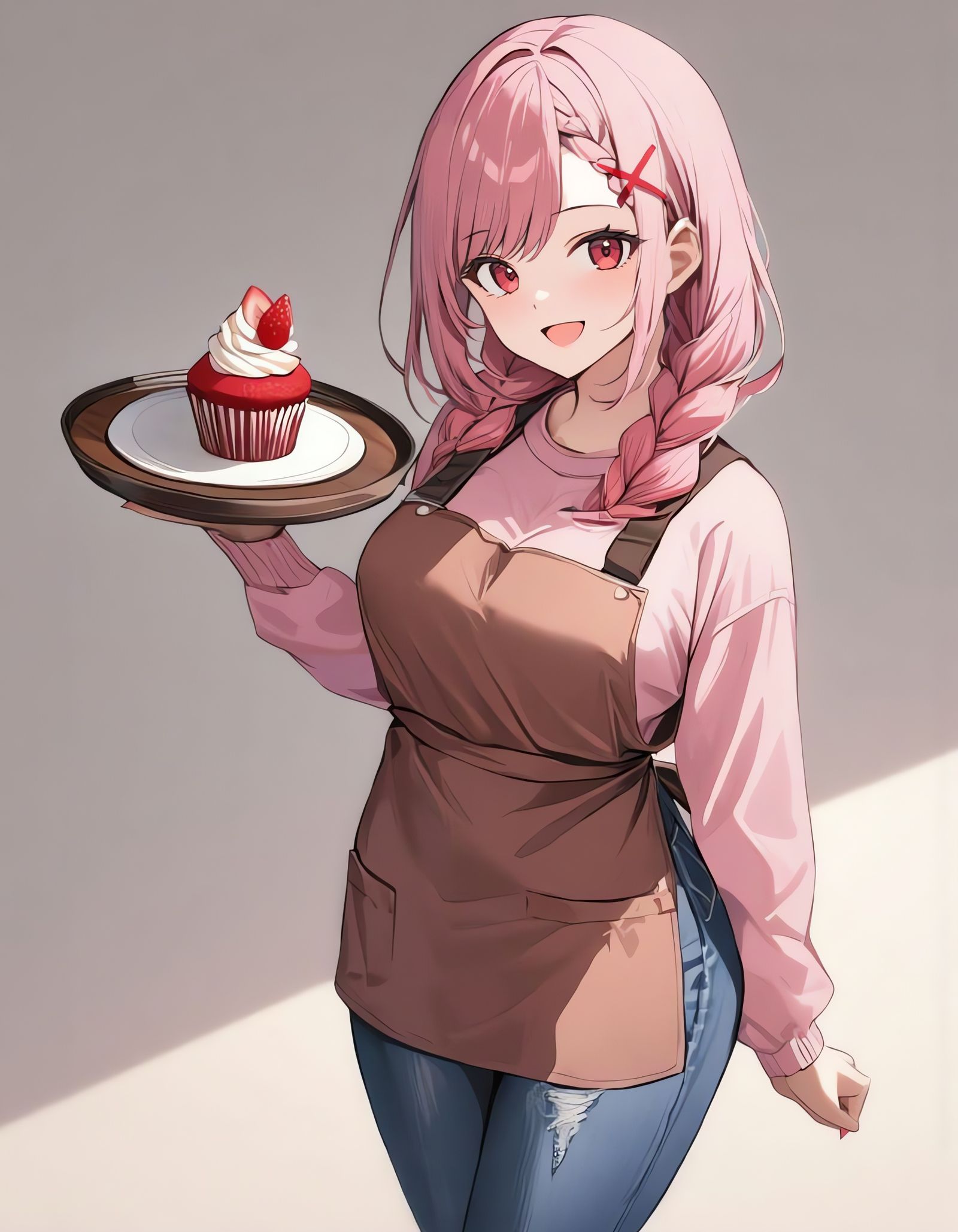 Anime Girl with Pink Hair Holds Cupcake